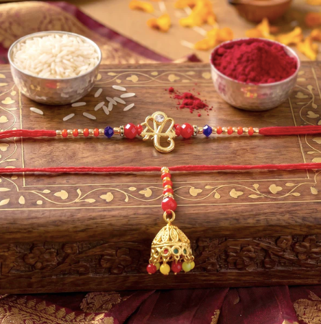 Om Charm Bhabhi Rakhi with Jhumka Latkan – Premium Traditional Lumba Rakhi for Raksha Bandhan
