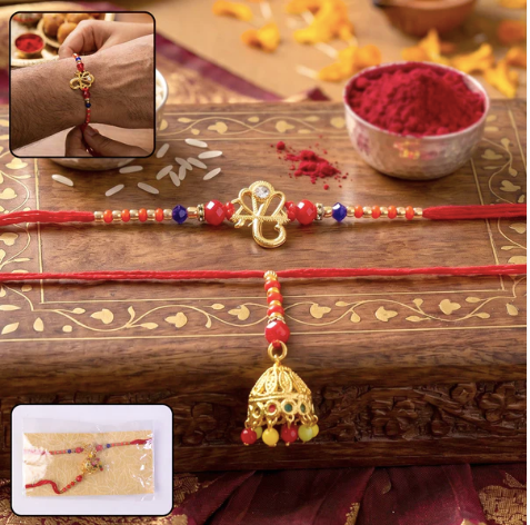 Om Charm Bhabhi Rakhi with Jhumka Latkan – Premium Traditional Lumba Rakhi for Raksha Bandhan