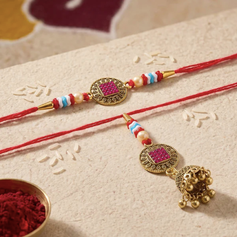 Meenakari Bead Bhabhi Rakhi with Golden Latkan – Premium Traditional Lumba Rakhi for Raksha Bandhan
