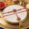 Meenakari Bead Bhabhi Rakhi with Golden Latkan – Premium Traditional Lumba Rakhi for Raksha Bandhan