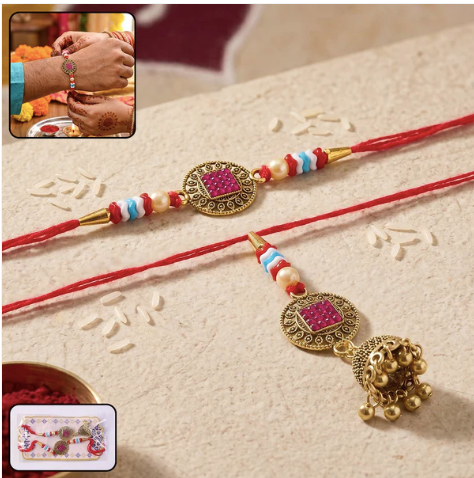 Meenakari Bead Bhabhi Rakhi with Golden Latkan – Premium Traditional Lumba Rakhi for Raksha Bandhan