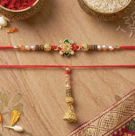 Premium Floral Pearl Bhabhi Lumba Rakhi with Golden Latkan – Elegant Designer Rakhi for Raksha Bandhan
