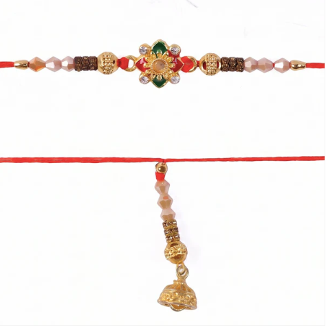 Premium Floral Pearl Bhabhi Lumba Rakhi with Golden Latkan – Elegant Designer Rakhi for Raksha Bandhan