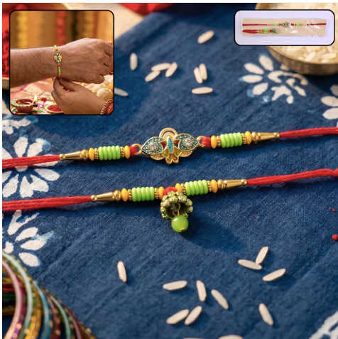 Premium Om Peacock Bhabhi Lumba Rakhi – Handcrafted Traditional Designer Rakhi with Multicolor Beads