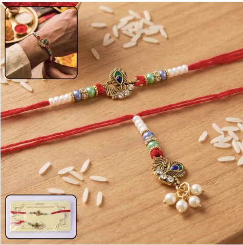 Premium Pearl Cluster Bhabhi Lumba Rakhi – Elegant Peacock Charm Designer Rakhi for Raksha Bandhan