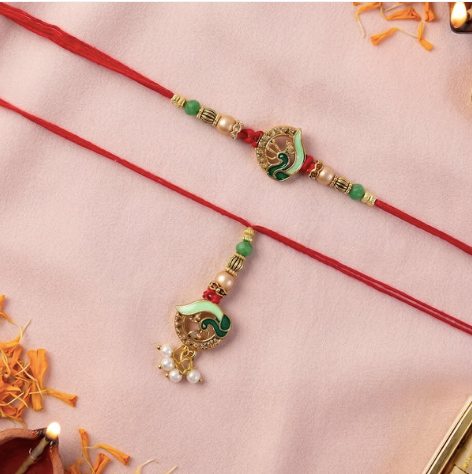 Premium Peacock Stone Bhabhi Lumba Rakhi – Handcrafted Designer Rakhi with Pearl Drop & Traditional Peacock Charm