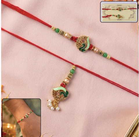 Premium Peacock Stone Bhabhi Lumba Rakhi – Handcrafted Designer Rakhi with Pearl Drop & Traditional Peacock Charm