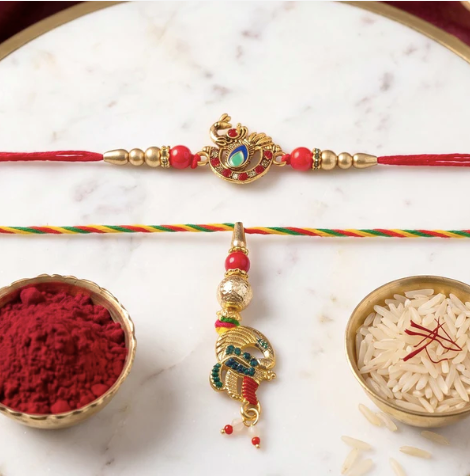 Peacock Latkan Bhabhi Rakhi – Elegant Pearl Beaded Rakhi for Sister-in-Law