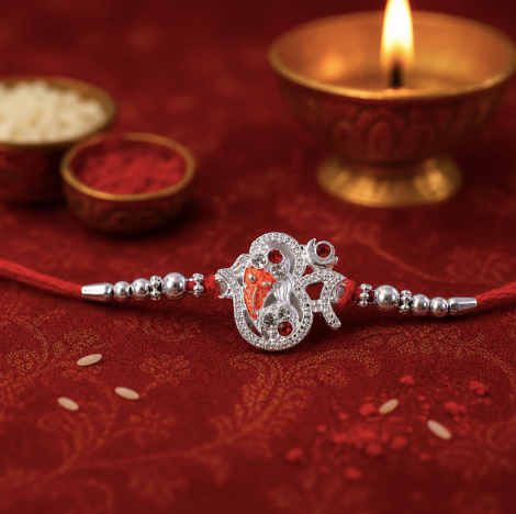Silver Ganesh Rakhi Thread Bracelet for Brother – Designer Divine Rakhi for Raksha Bandhan