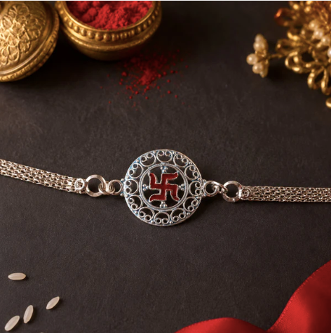 Silver Swastik Rakhi for Brother – Designer Silver Chain Rakhi for Raksha Bandhan