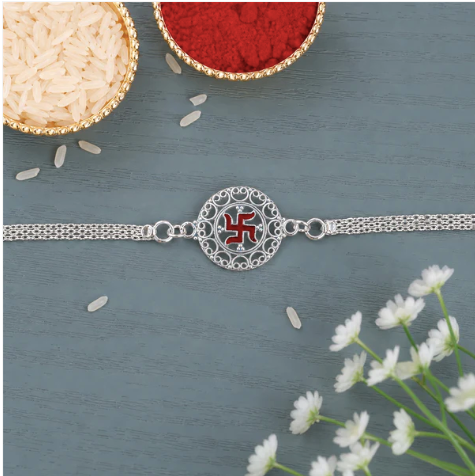 Silver Swastik Rakhi for Brother – Designer Silver Chain Rakhi for Raksha Bandhan