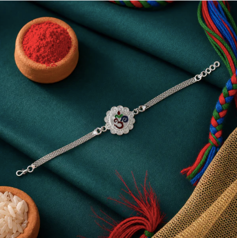 Silver Om Chain Rakhi for Brother – Designer Om Rakhi for Raksha Bandhan