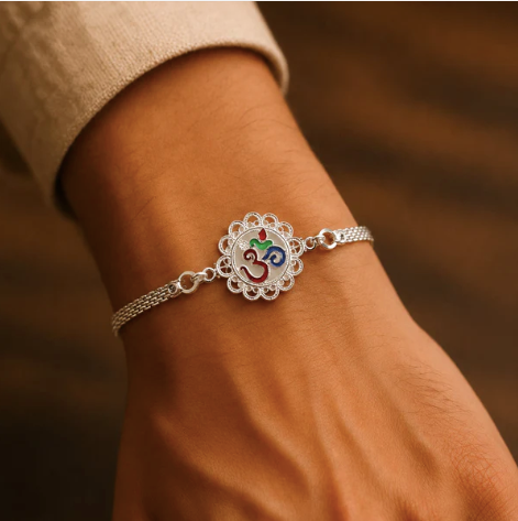 Silver Om Chain Rakhi for Brother – Designer Om Rakhi for Raksha Bandhan