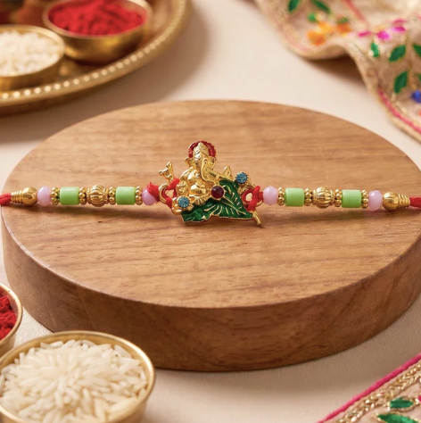 Ganesha Rakhi with Leaf Design – Traditional Designer Rakhi for Brother