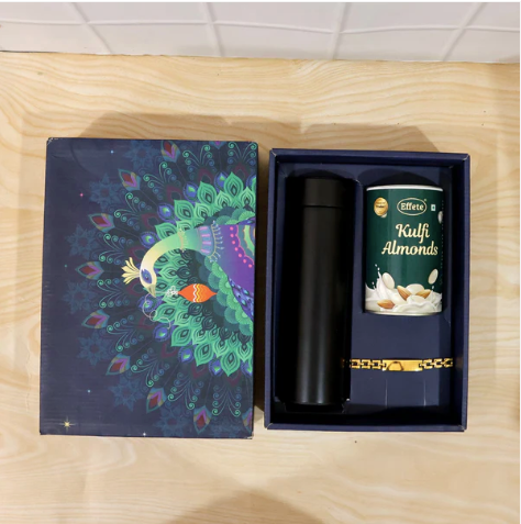 Personalized Golden Bracelet Rakhi Gift Hamper with Chocolate & Bottle for Brother