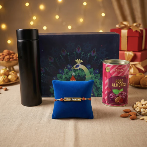 Personalized Bracelet Rakhi Gift Hamper with Chocolate & Bottle for Brother