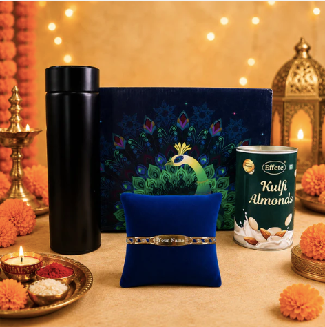 Personalized Golden Bracelet Rakhi Gift Hamper with Chocolate & Bottle for Brother