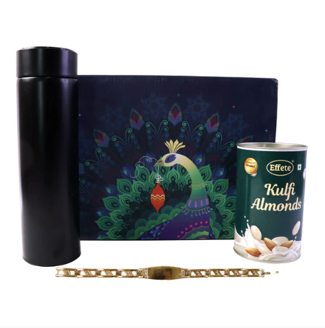 Personalized Golden Bracelet Rakhi Gift Hamper with Chocolate & Bottle for Brother