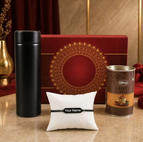 Personalized Black Bracelet Rakhi Gift Hamper with Chocolate & Bottle for Brother