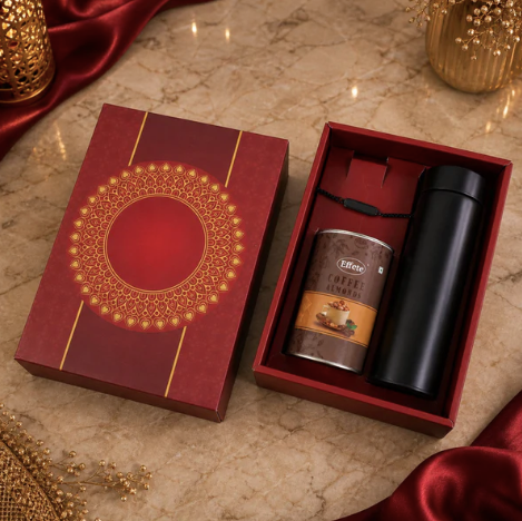 Personalized Black Bracelet Rakhi Gift Hamper with Chocolate & Bottle for Brother
