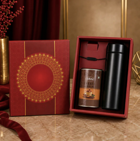 Personalized Black Bracelet Rakhi Gift Hamper with Chocolate & Bottle for Brother