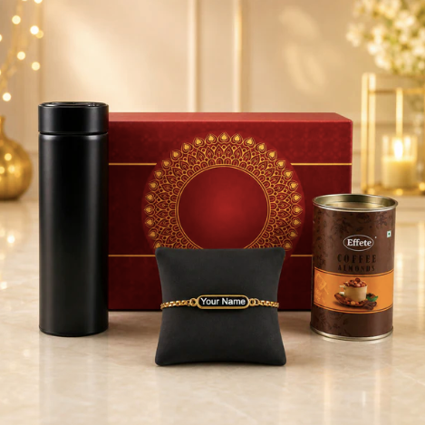 Personalized Gold Bracelet Rakhi Gift Hamper with Chocolate & Reusable Bottle for Brother