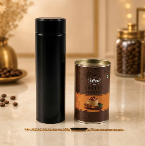 Personalized Gold Bracelet Rakhi Gift Hamper with Chocolate & Reusable Bottle for Brother