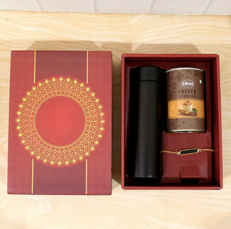 Personalized Gold Bracelet Rakhi Gift Hamper with Chocolate & Reusable Bottle for Brother