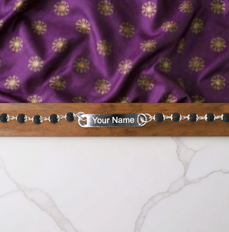 Personalized Black Bead Name Bracelet for Men – Custom Engraved Silver Plate Bracelet