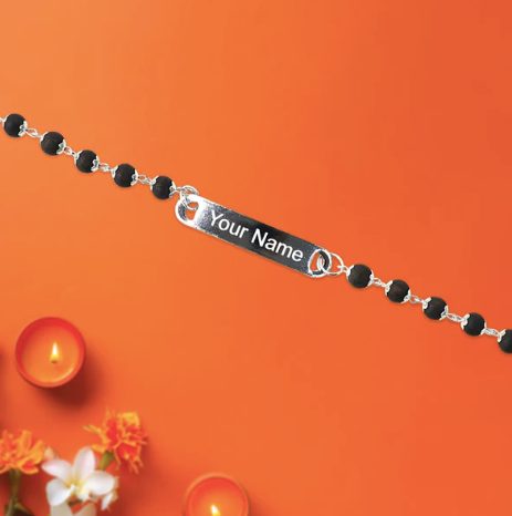 Personalized Black Bead Name Bracelet for Men – Custom Engraved Silver Plate Bracelet