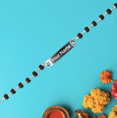 Personalized Black Bead Name Bracelet for Men – Custom Engraved Silver Plate Bracelet