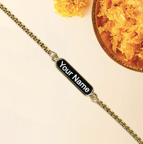 Personalized Name Bracelet – Custom Engraved Black Enamel Chain Bracelet