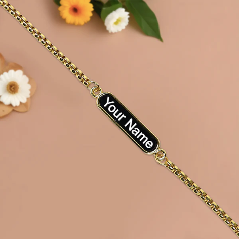Personalized Name Bracelet – Custom Engraved Black Enamel Chain Bracelet