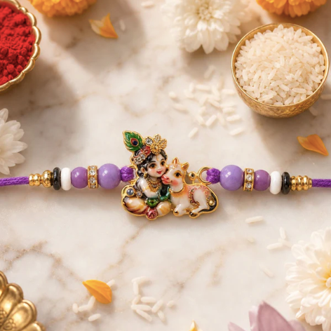 Premium Bal Krishna Rakhi with Cow Motif – Divine Beaded Designer Rakhi for Brother | Raksha Bandhan Special
