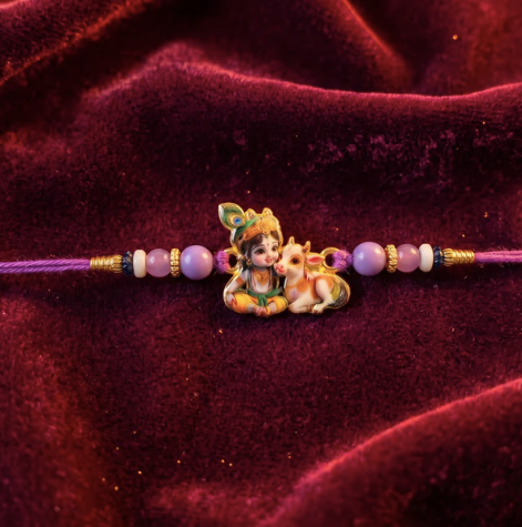 Premium Bal Krishna Rakhi with Cow Motif – Divine Beaded Designer Rakhi for Brother | Raksha Bandhan Special