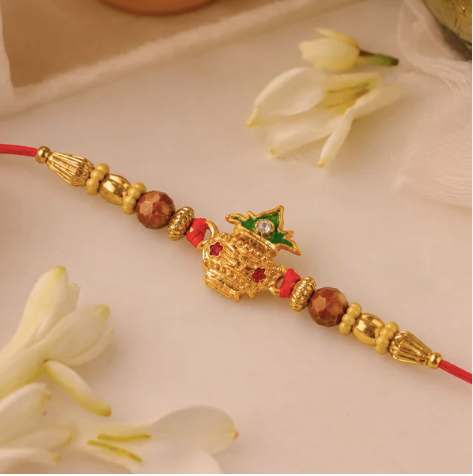 Premium Golden Kalash Rakhi with Moti Pearls – Traditional Designer Rakhi for Brother | Raksha Bandhan Special