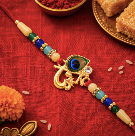 Premium Peacock Govind Rakhi – Divine Krishna Feather Designer Rakhi with Multicolor Beads for Brother | Raksha Bandhan Special