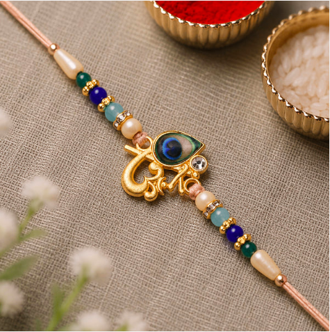 Premium Peacock Govind Rakhi – Divine Krishna Feather Designer Rakhi with Multicolor Beads for Brother | Raksha Bandhan Special