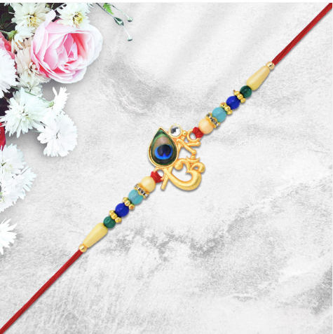 Premium Peacock Govind Rakhi – Divine Krishna Feather Designer Rakhi with Multicolor Beads for Brother | Raksha Bandhan Special