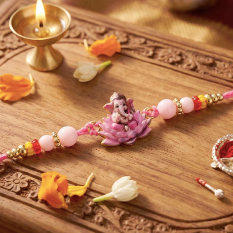 Premium Lord Ganesha Rakhi on Pink Lotus – Divine Designer Rakhi for Brother | Spiritual Raksha Bandhan Special