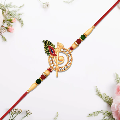 Premium Krishna Flute Rakhi – Stone Studded Peacock Feather Designer Rakhi for Brother | Divine Raksha Bandhan Special