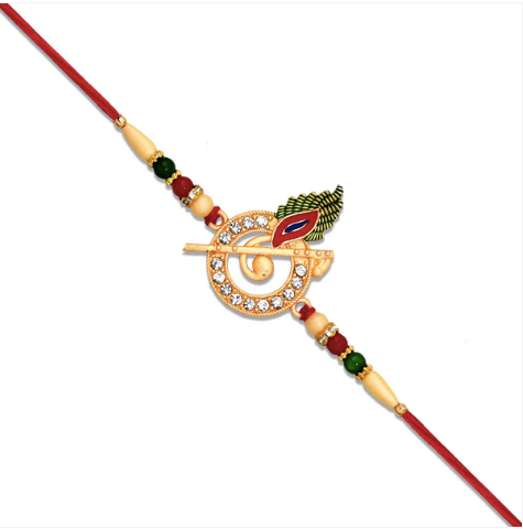 Premium Krishna Flute Rakhi – Stone Studded Peacock Feather Designer Rakhi for Brother | Divine Raksha Bandhan Special