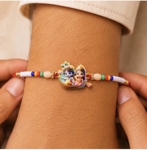 Lord Krishna Radha Rakhi for Brother – Designer Devotional Beaded Rakhi for Raksha Bandhan