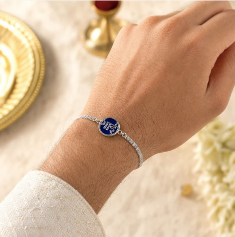 Silver Chain Rakhi – Elegant Blue Stone Designer Rakhi for Brother