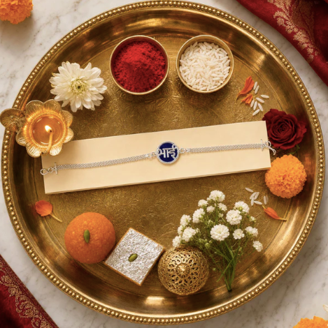 Silver Chain Rakhi – Elegant Blue Stone Designer Rakhi for Brother