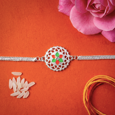 Silver Floral Rakhi – Traditional Designer Rakhi with Beads for Brother