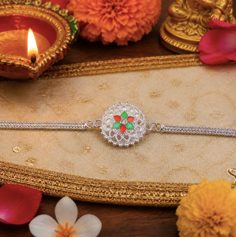 Silver Floral Rakhi – Traditional Designer Rakhi with Beads for Brother