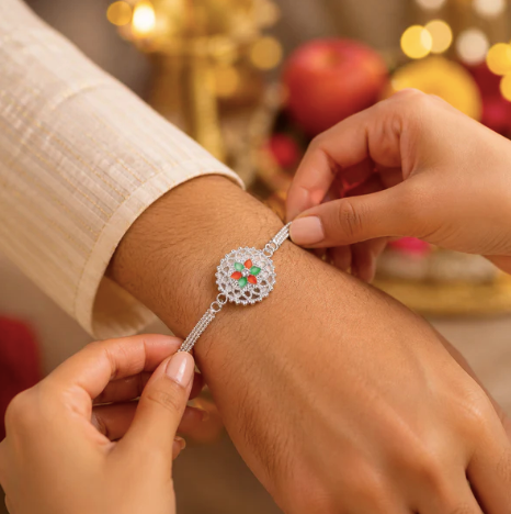 Silver Floral Rakhi – Traditional Designer Rakhi with Beads for Brother