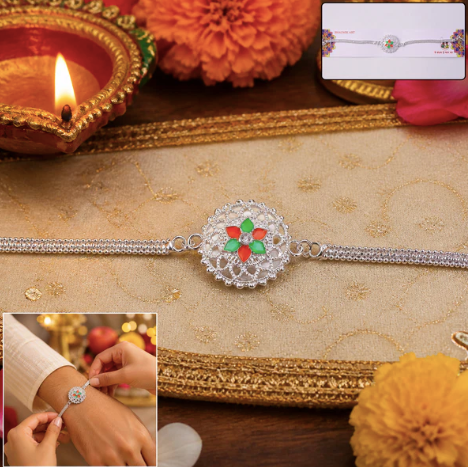 Silver Floral Rakhi – Traditional Designer Rakhi with Beads for Brother