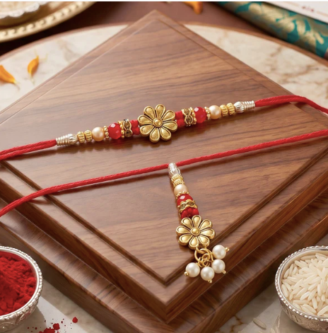 Bhabhi Rakhi – Elegant Floral Pearl Drop Lumba Rakhi for Raksha Bandhan
